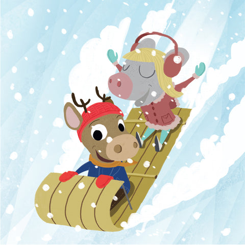 Mouse and Deer - Sledding - Art Print - Snow Alligator by Jason Blower